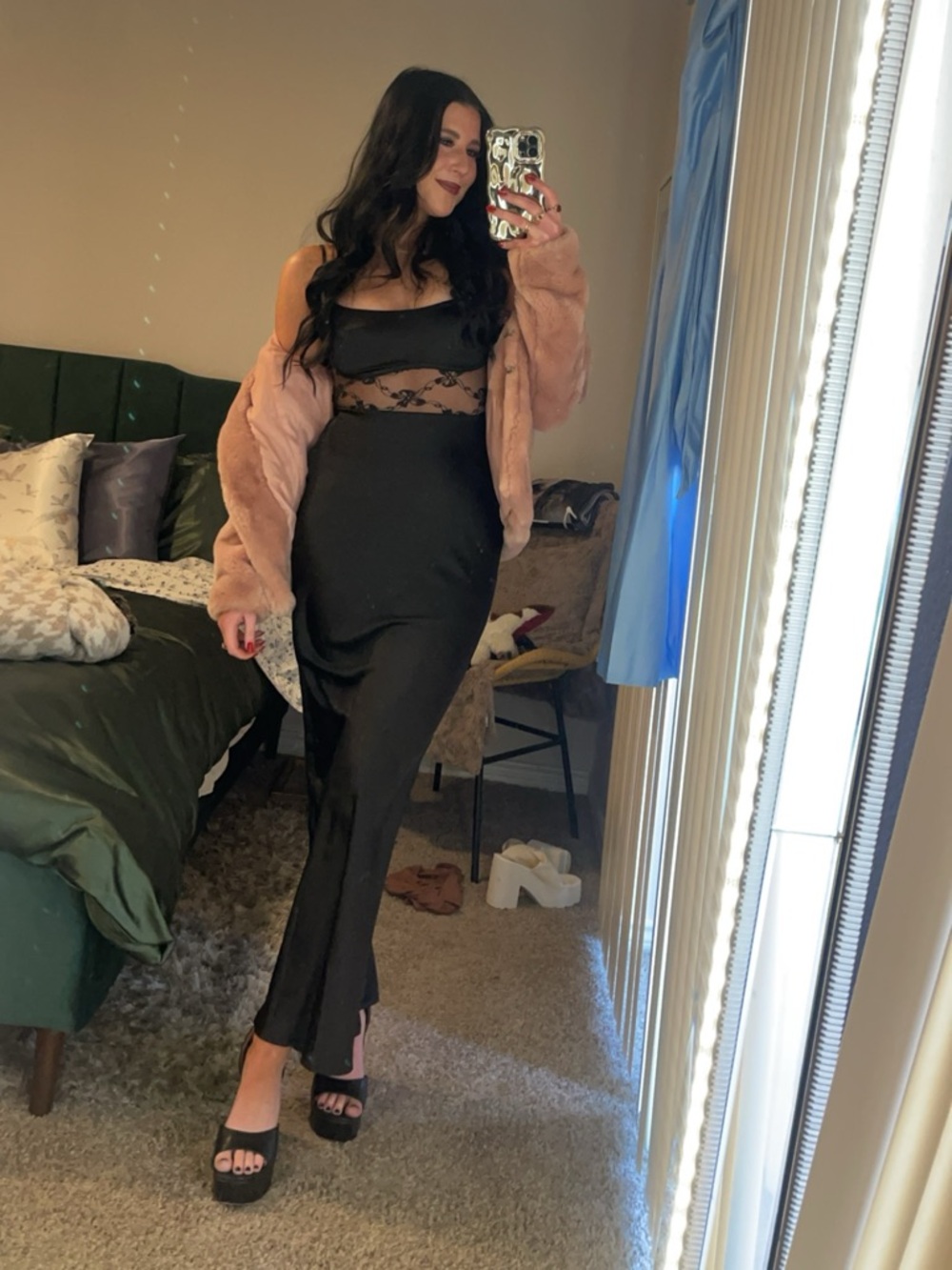 Black Satin Spaghetti-Strap Evening Dress with lace accents